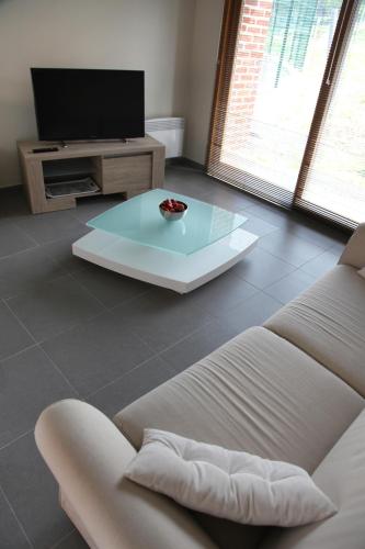 a living room with a couch and a tv at Au Moulin à Paroles in Tournai