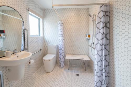a bathroom with a toilet and a sink and a shower at V Motel in Christchurch