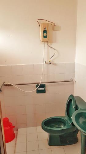 a bathroom with a green toilet and a sink at WHITE BEACH GUEST HOUSE in Puerto Galera
