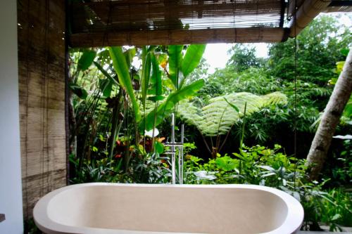 a bath tub in front of a window with plants at Sebatu Sanctuary Eco-resort in Tegalalang