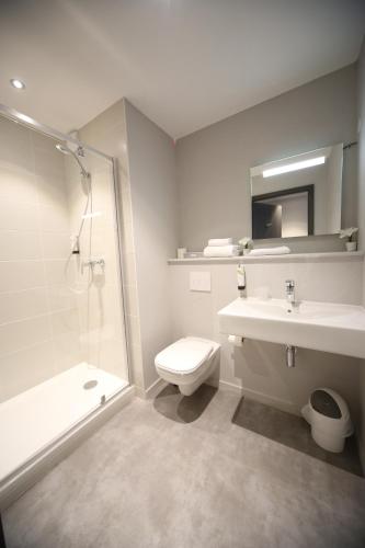 a bathroom with a toilet and a sink and a shower at Best Western Hotel Fontaine Argent in Besançon