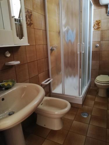 a bathroom with a shower and a toilet and a sink at Adelegigi in Cetara