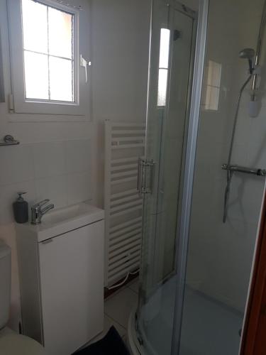 ein Bad mit einer Dusche und einem Waschbecken in der Unterkunft Gîte au coeur du pays dinannais in Plumaudan