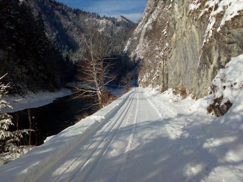 a road covered in snow next to a mountain at Schronisko PTTK Orlica in Szczawnica