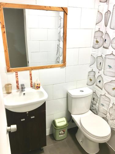 a bathroom with a toilet and a sink and a mirror at Departamento completo 43 mts2 (2 habs + 1 futón) - Centro Tomé - 5 personas max - Edificio Don Francisco in Tomé