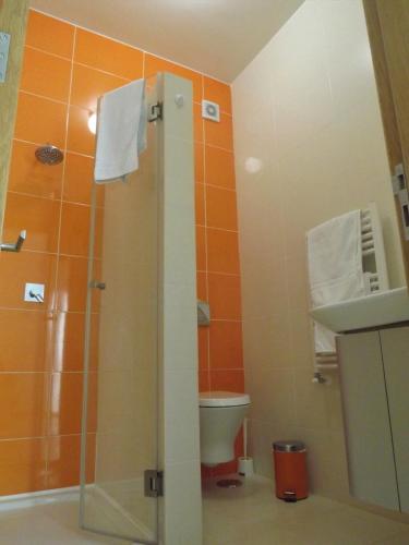 a bathroom with a shower and a toilet and a sink at Casa Ceedina Bed And Breakfast & Beauty in Batalha