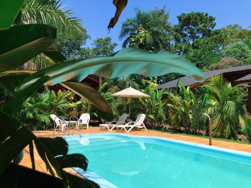 una piscina con sillas y sombrilla en Terra Lodge en Puerto Iguazú