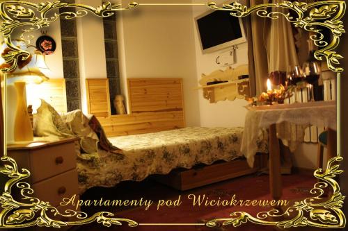 - une chambre avec un lit et un grand miroir dans l'établissement Apartamenty pod Wiciokrzewem, à Supraśl