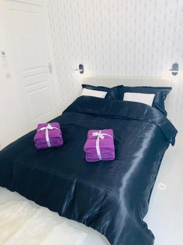 Una cama negra con dos almohadas moradas. en monaco, CHAMBRE LUXE, à 250M casino en Beausoleil