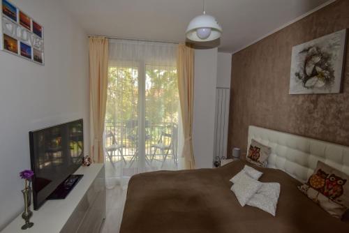 um quarto com uma cama, uma televisão e uma janela em Central Park Apartment em Constança