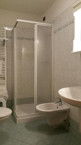 uma casa de banho com um chuveiro, um lavatório e um WC. em Tana Della Volpe em Lavarone