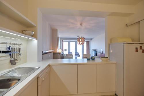 a large kitchen with a sink and a refrigerator at Seascape in Ostend