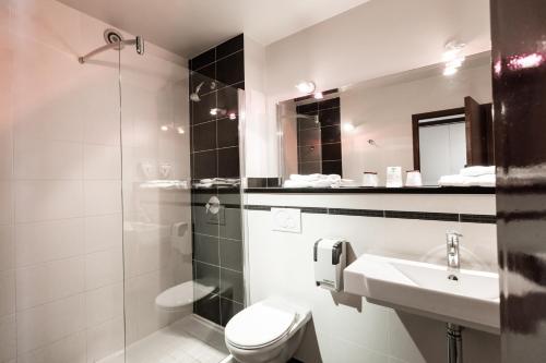 a bathroom with a toilet and a sink and a shower at Logis Hotel Restaurant Du Commerce in La Canourgue