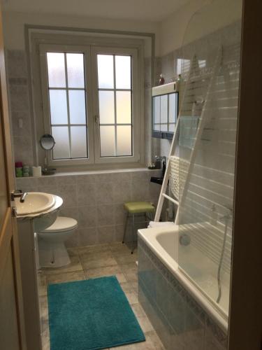 ein Badezimmer mit einer Badewanne, einem WC und einem Waschbecken in der Unterkunft Gîte du Moulin in Ingersheim