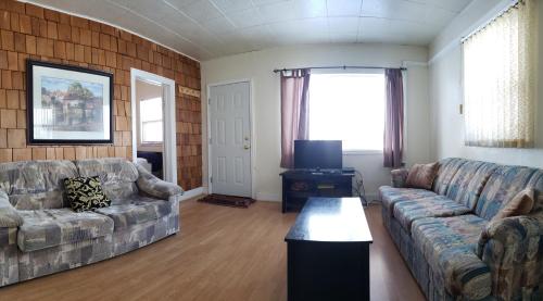 a living room with two couches and a television at Vacation Cottage in Canora