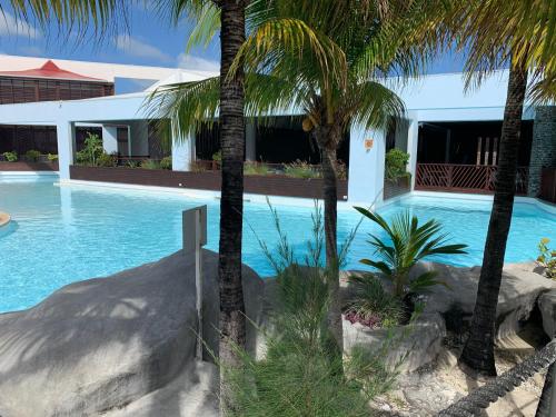 a swimming pool with palm trees in front of a house at PETIT COIN DE PARADIS in Saint-François