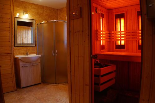 ein Badezimmer mit einem Kühlschrank aus Edelstahl und einem Waschbecken in der Unterkunft Pod klonem z Balią i Sauną in Lubawka