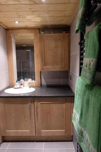 La salle de bains est pourvue d'un lavabo et d'un comptoir avec un miroir. dans l'établissement Appartement Soleil Blanc Résidence Lodge des neiges, à Tignes