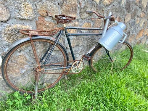 an old bike with a blue bucket attached to it at KSTUDIOS in Grand Baie