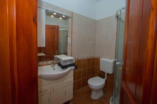 y baño con lavabo, aseo y espejo. en Teubel apartman 1., en Székesfehérvár