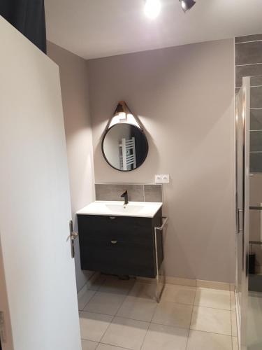 een badkamer met een wastafel en een spiegel bij maison "Le Goéland" à deux pas des plages in Longeville-sur-Mer