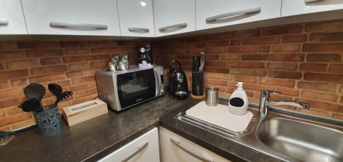 a kitchen counter with a sink and a microwave at Apartment Central Station between Dragon and Triple Bridges in Ljubljana