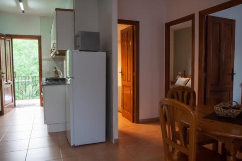 a kitchen with a refrigerator and a table and a dining room at Casa Javier in Bisaurri