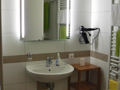une salle de bain avec un lavabo et un miroir dans l'établissement Venedig und Amsterdam, à Plau am See