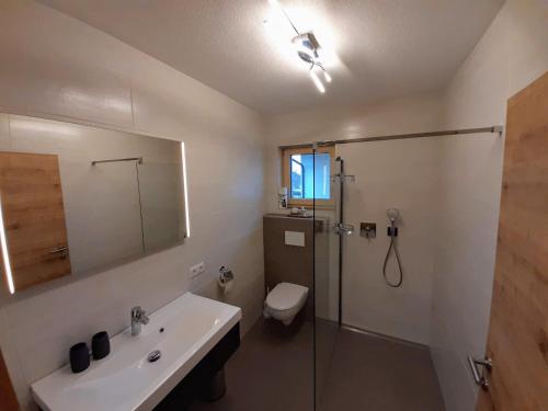 a bathroom with a shower and a sink and a toilet at Apart Alexandra in Strass im Zillertal