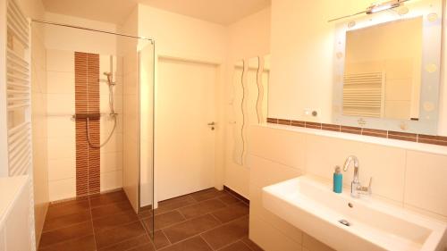 uma casa de banho com um lavatório, um chuveiro e um espelho. em Ferienwohnung Zinnowitz em Zinnowitz