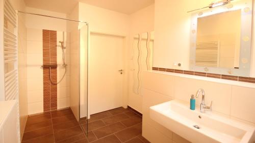 a bathroom with a sink and a shower and a mirror at Ferienwohnung Zinnowitz in Zinnowitz