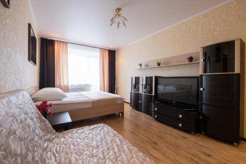 a hotel room with a bed and a flat screen tv at ОК! Красноармейская, 151 in Tomsk