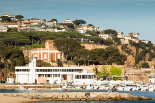 桑特费柳德吉克索尔斯Nuevo Apartamento Moderno Elisa - a 80 metros de la playa para 5 personas的水边小山上的白色大建筑