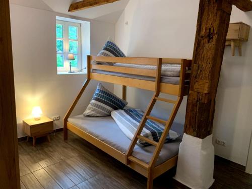 a bunk bed in a room with a window at Ferienhof Altes Land in Jork