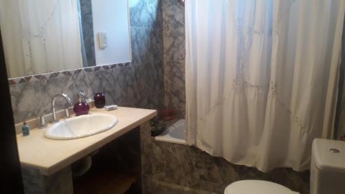 a bathroom with a sink and a shower curtain at San Luis Centro in San Luis