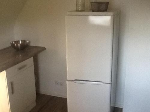 a white refrigerator in a kitchen with a counter at Appartement in der Waldsiedlung in Leverkusen