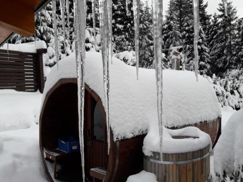 a dog house with snow on the roof at Penzión Pod Guglom in Mlynky 