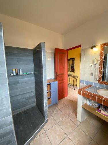 une salle de bain avec douche et lavabo dans l'établissement Résidence du pont de l'Oso, à Porto-Vecchio