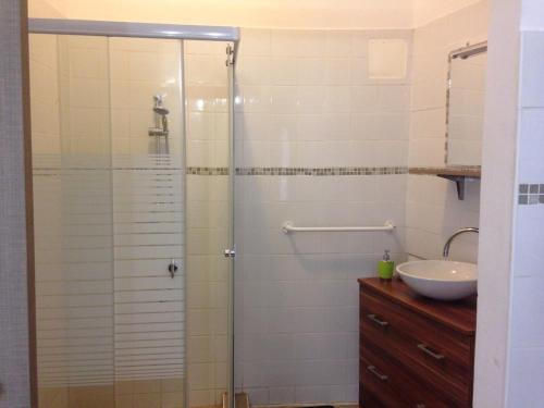uma casa de banho com um chuveiro e um lavatório. em Gabriella Apartman em Eger