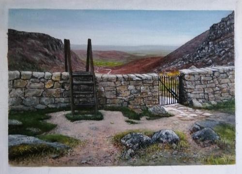 a painting of a stone wall with a gate at Greencastle B&B in Kilkeel