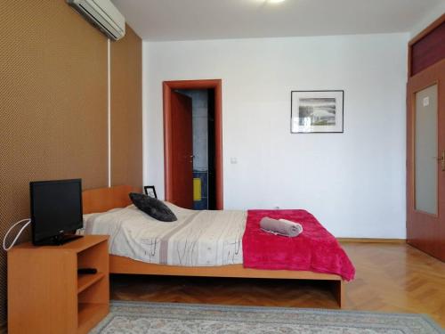 una camera con un letto con una coperta rossa e una TV di Guesthouse Sava a Slavonski Brod