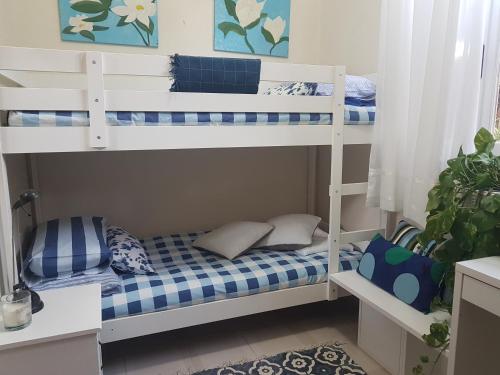 two bunk beds in a room with a desk at Marco's house in Dolianova