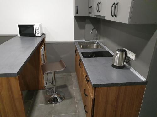 a small kitchen with a sink and a counter top at Silver Star Apartment in Uzhhorod
