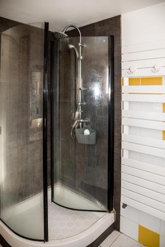 une douche avec une porte vitrée dans une salle de bain dans l'établissement Gîte Les chênes, à Fontenilles