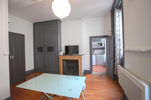 a living room with a table and a fireplace at Studio Cosy Hotel de Ville in Vienne