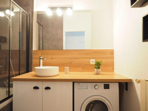 uma casa de banho com um lavatório e uma máquina de lavar roupa em Appartement le st jean - centre historique em Valence