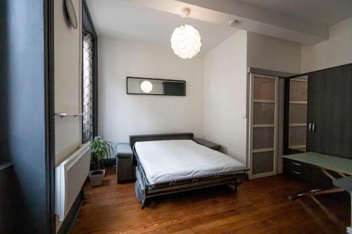 a bedroom with a bed and a mirror at Studio Cosy Hotel de Ville in Vienne