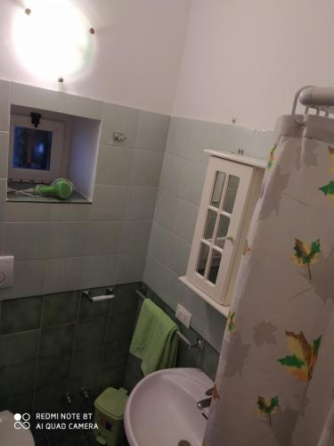 bagno con lavandino e tenda doccia di Casa Bianca A S'Angelo a Ischia
