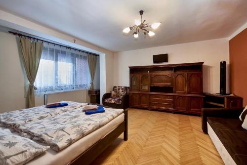 1 dormitorio con cama, sofá y TV en Penzion Zajíček en Zaječí