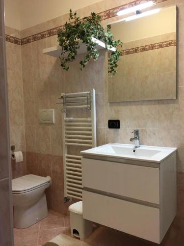 a bathroom with a sink and a toilet and a mirror at Casa Vacanze Giacomo Leopardi in Cavaion Veronese